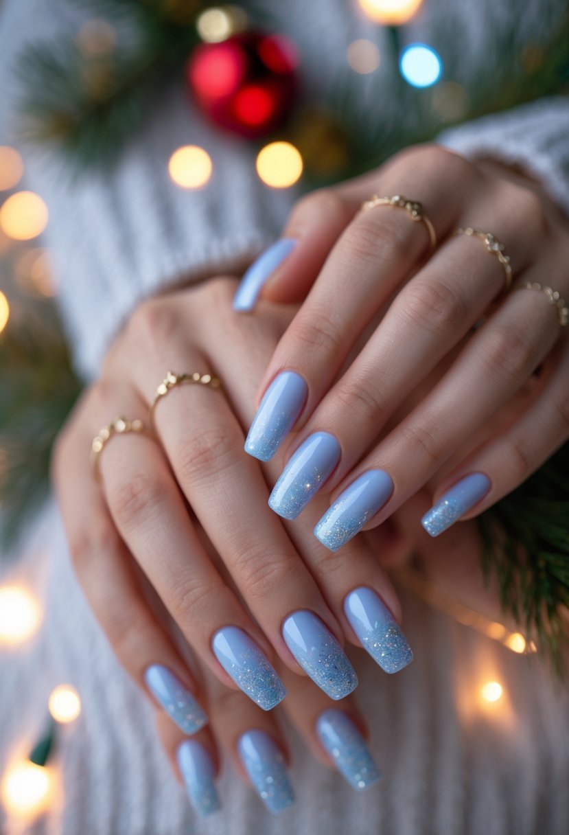 Close-up of hands with icy blue glittery nails surrounded by festive Christmas decorations.
