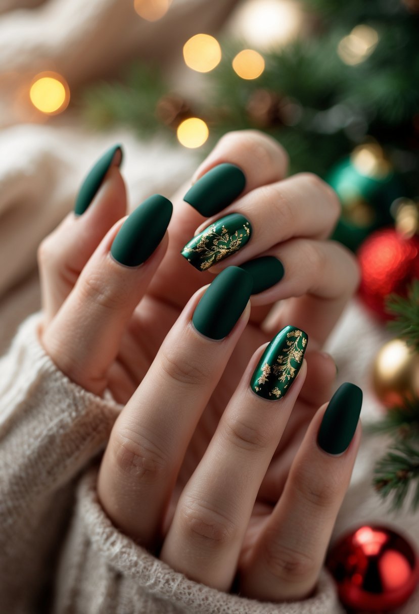 Close-up of hands with deep green matte nails decorated with gold foil, held against a softly lit festive background.