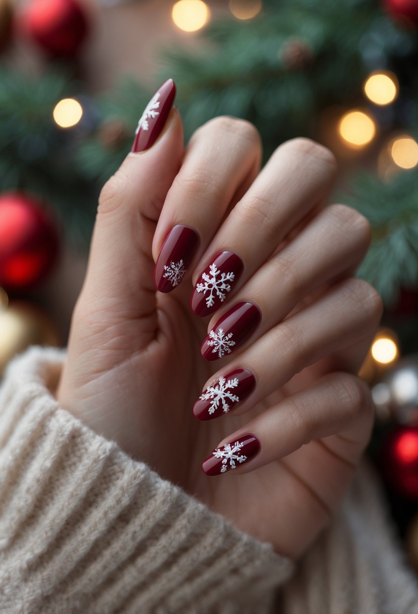 Close-up of hands with berry red nails decorated with white snowflakes, surrounded by Christmas decorations.