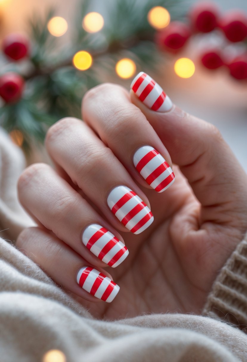 Close-up of a hand with red and white striped nails resting on a cozy Christmas-themed background.