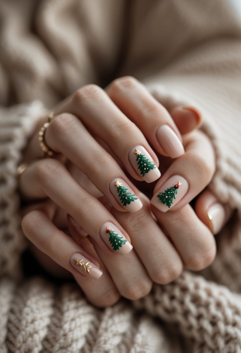 Close-up of hands with neutral-colored nails decorated with small Christmas tree designs resting on a cozy textured surface.