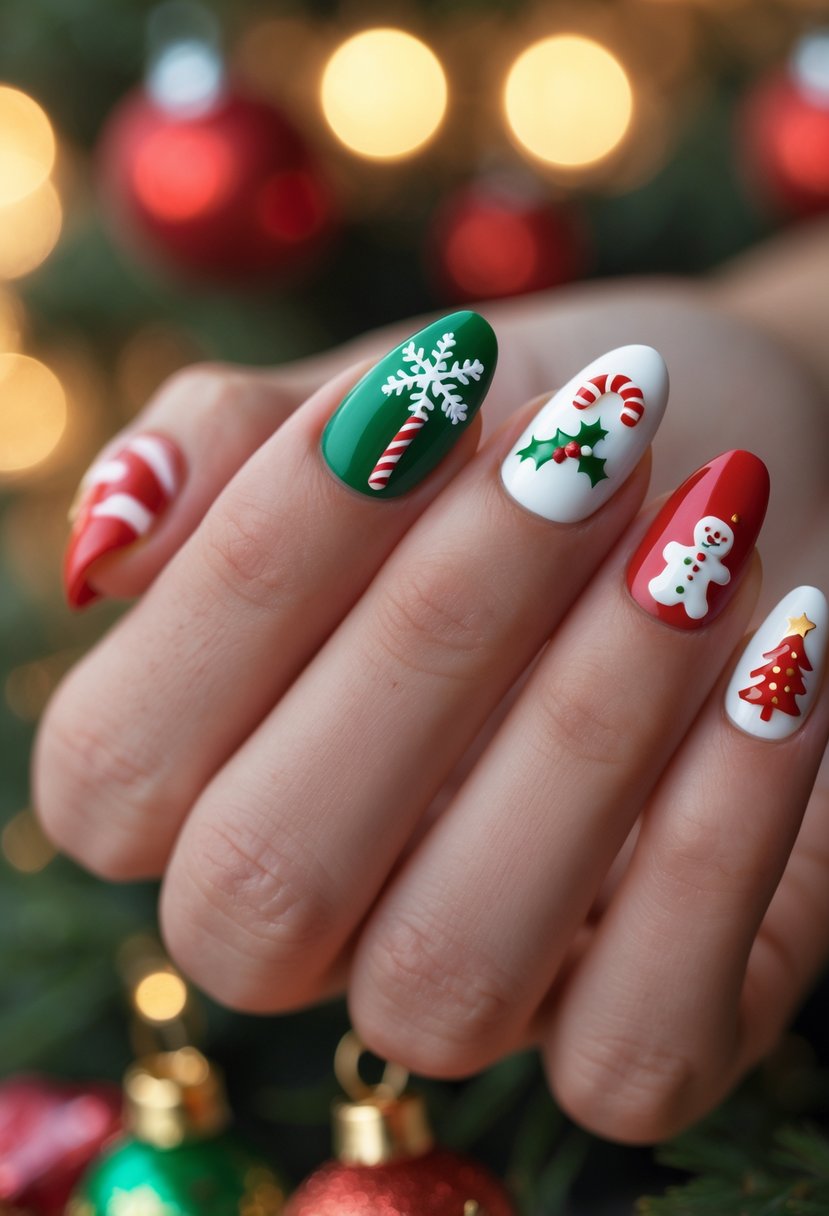 A close-up of a hand with nails painted in various Christmas-themed designs including snowflakes, candy canes, and Christmas trees.