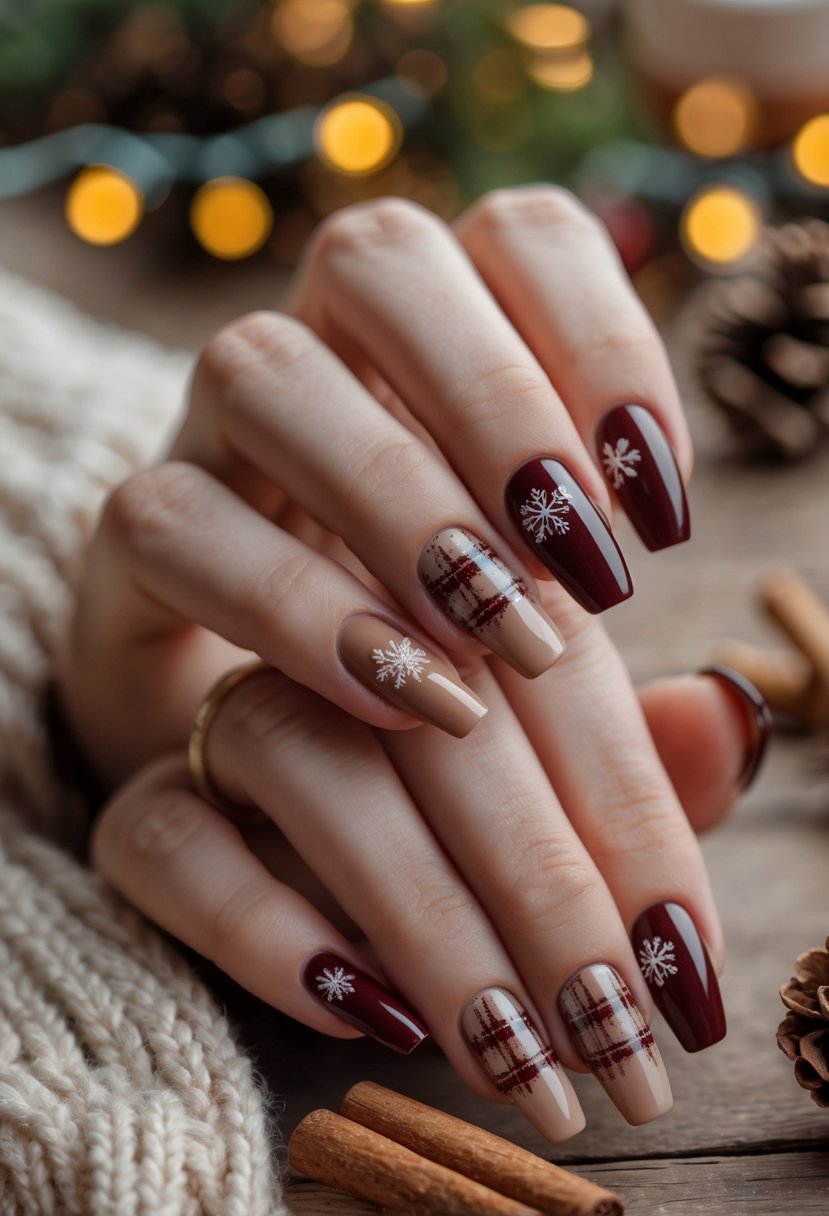 Close-up of hands with warm brown and red Christmas-themed nail designs resting on a wooden surface surrounded by festive decorations.