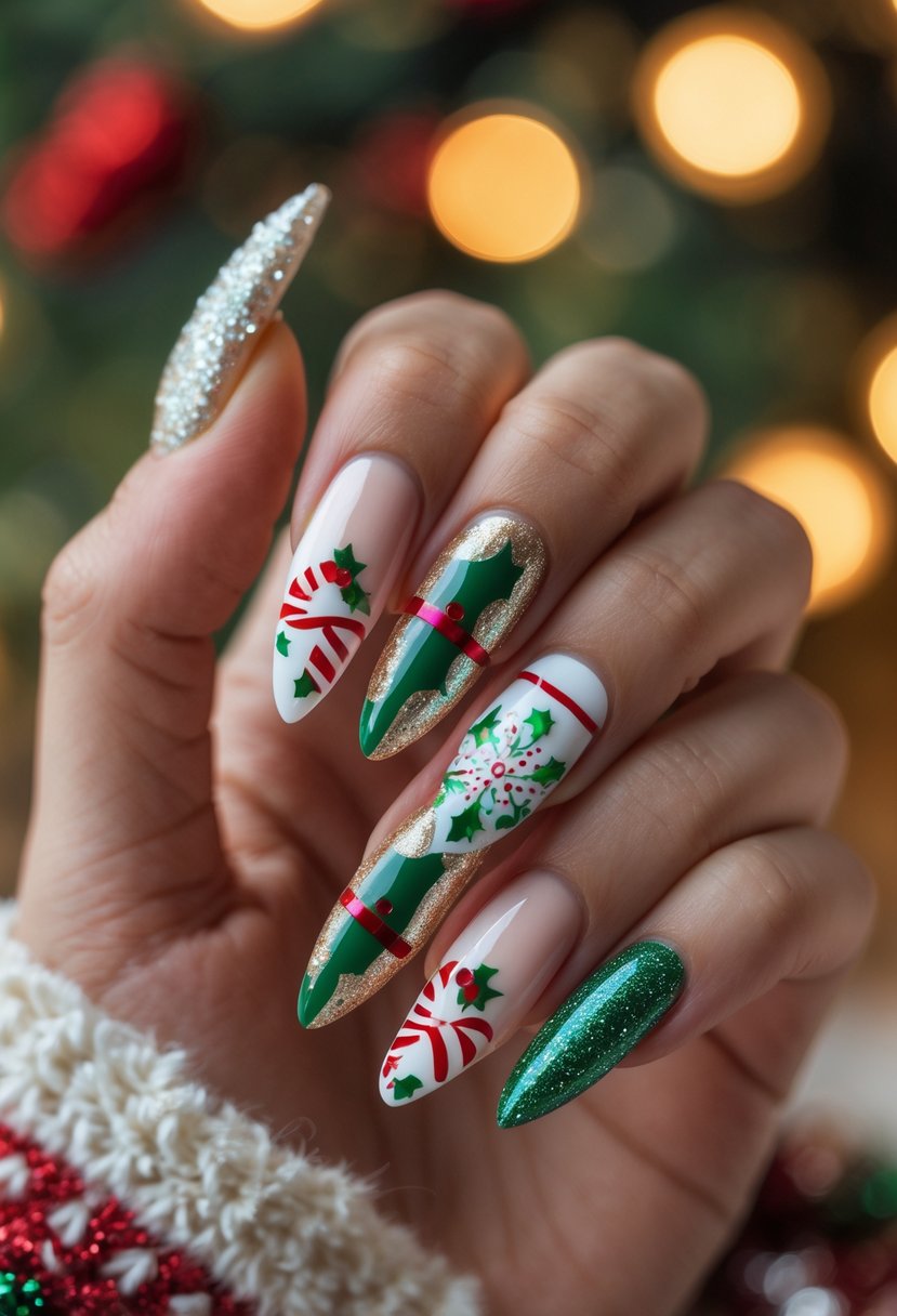 Close-up of hands with long stiletto nails decorated with festive Christmas patterns.