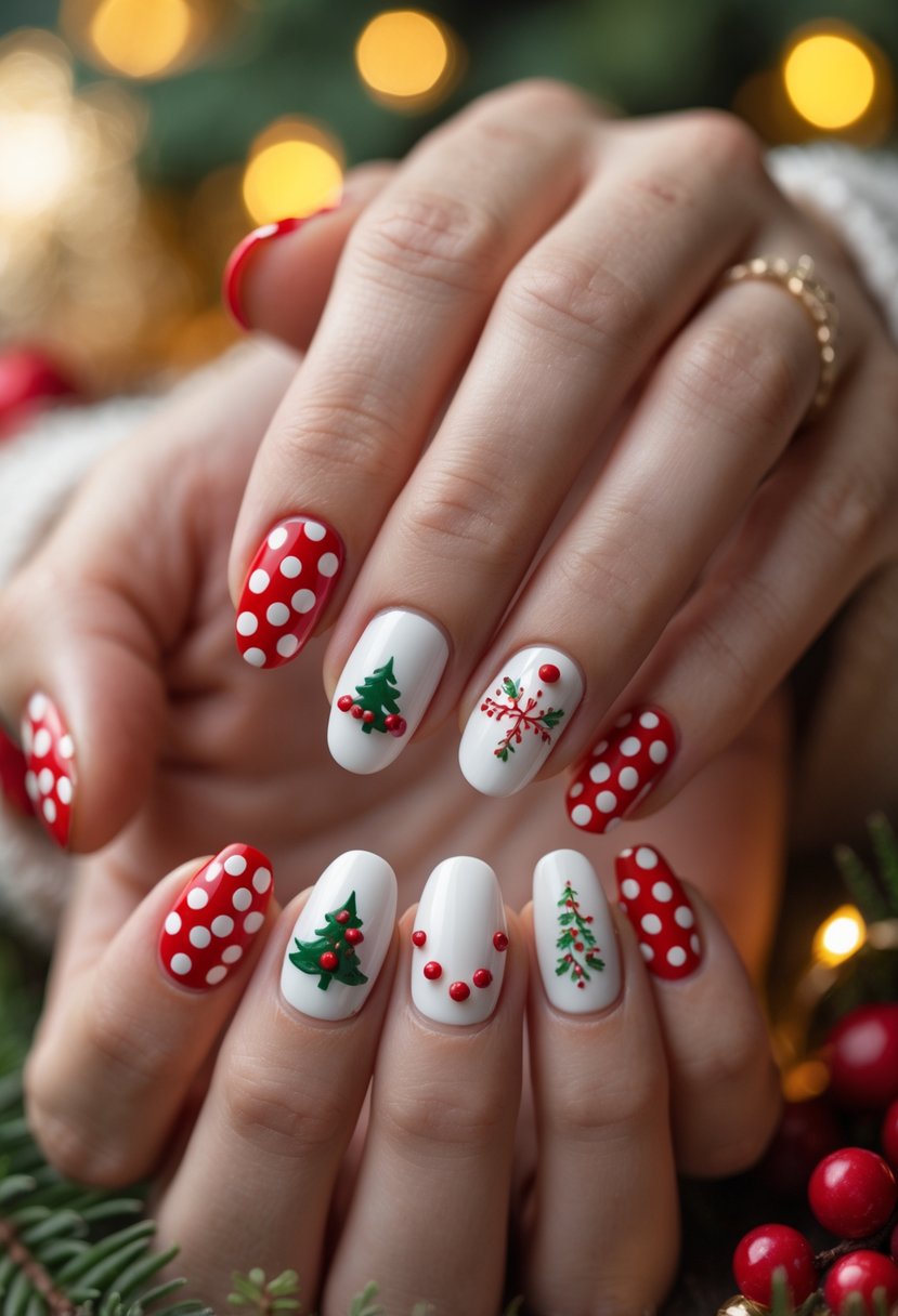 Close-up of hands with white nails featuring red polka dot accents in a festive Christmas setting.
