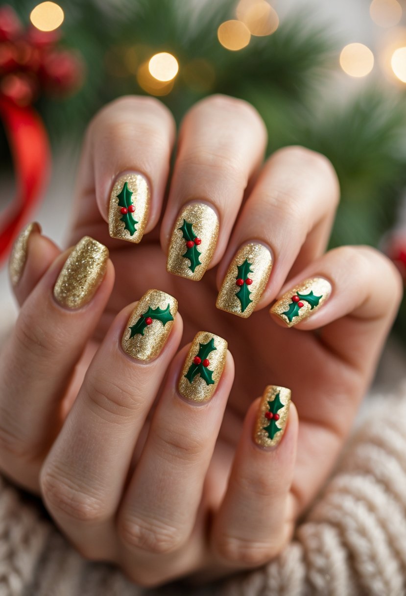 Close-up of hands with glittery gold nails decorated with green holly leaves and red berries.
