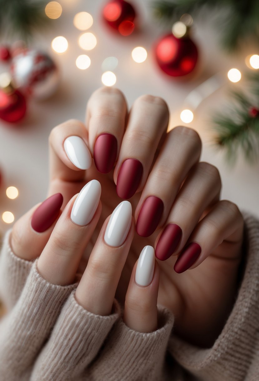 Close-up of hands with matte red nails and glossy white tips resting on a warm background with holiday decorations.