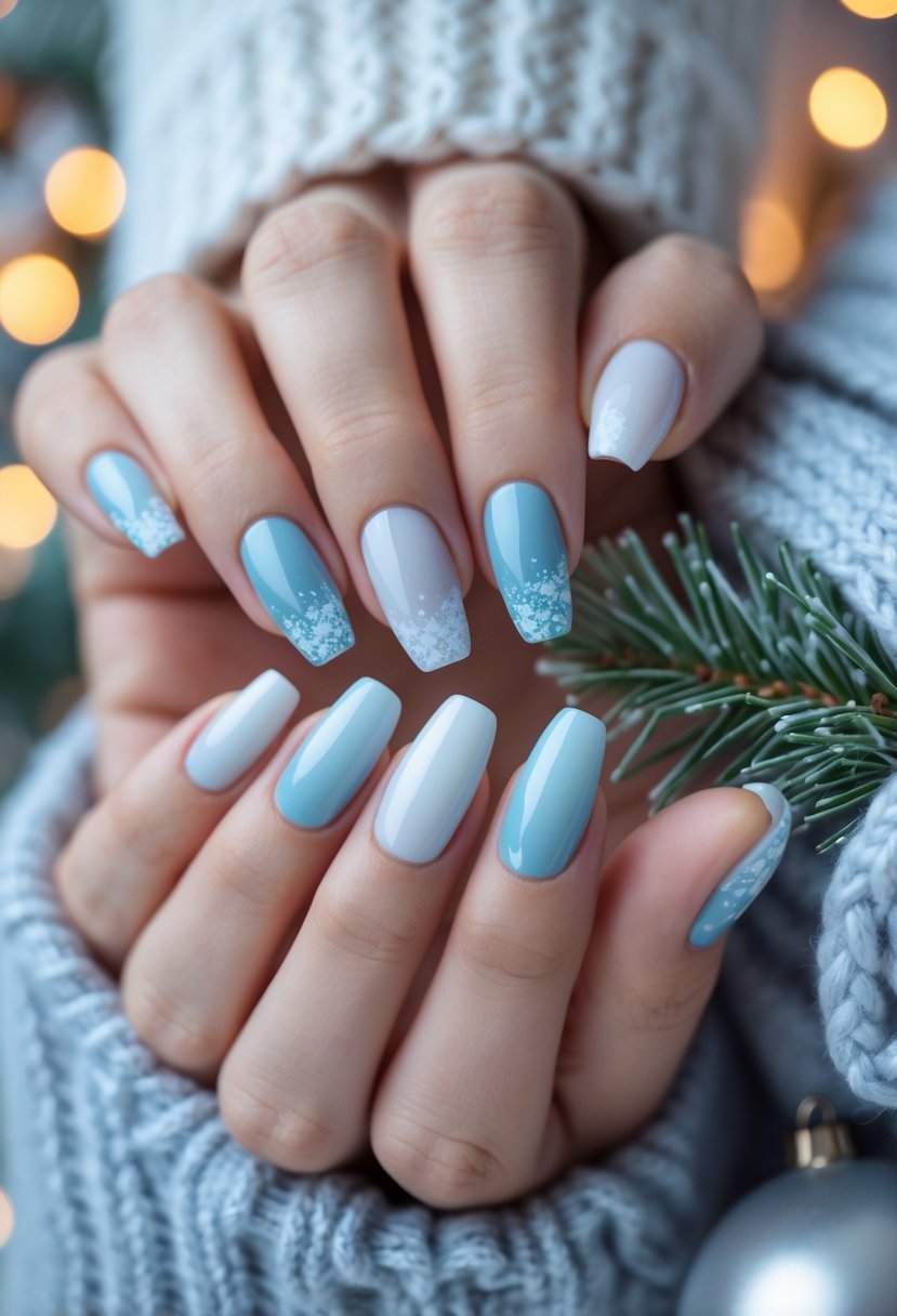 Close-up of hands with icy blue gradient nails holding a knitted scarf and pine branch with snowflakes.