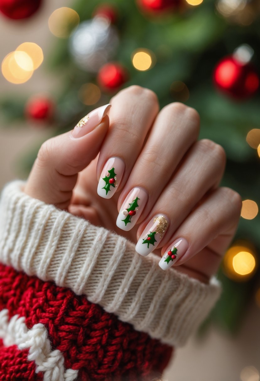 Close-up of hands with a French manicure featuring subtle Christmas-themed nail art, holding a red and white knitted Christmas stocking with warm holiday lights in the background.