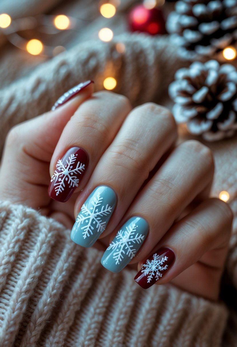Close-up of a hand with festive snowflake nail art surrounded by cozy Christmas decorations.