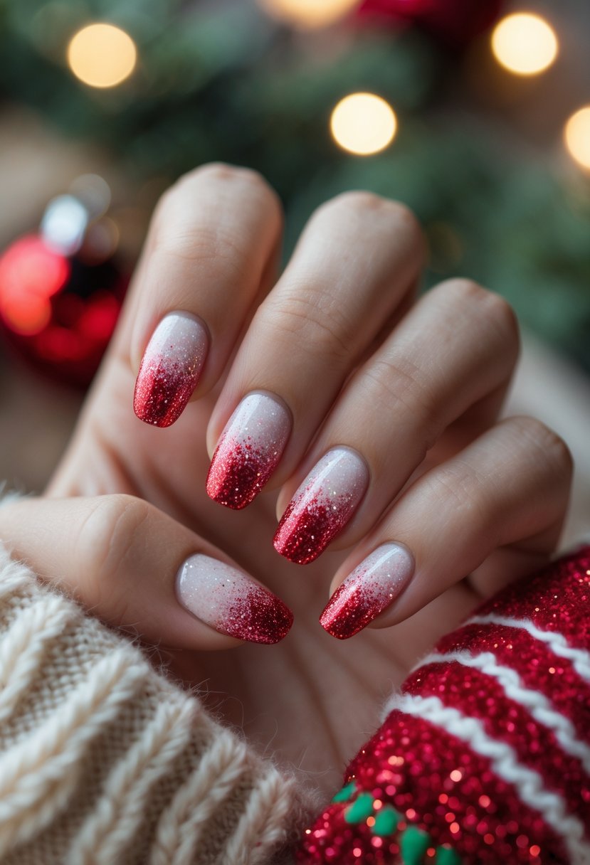 Close-up of a hand with candy cane glitter ombré nails holding a Christmas ornament with holiday decorations in the background.