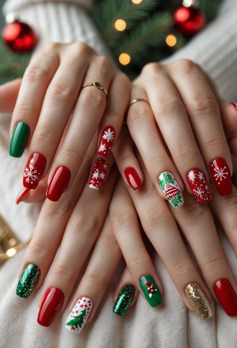 Twenty hands displaying festive Christmas-themed nail art with various holiday designs and colors.