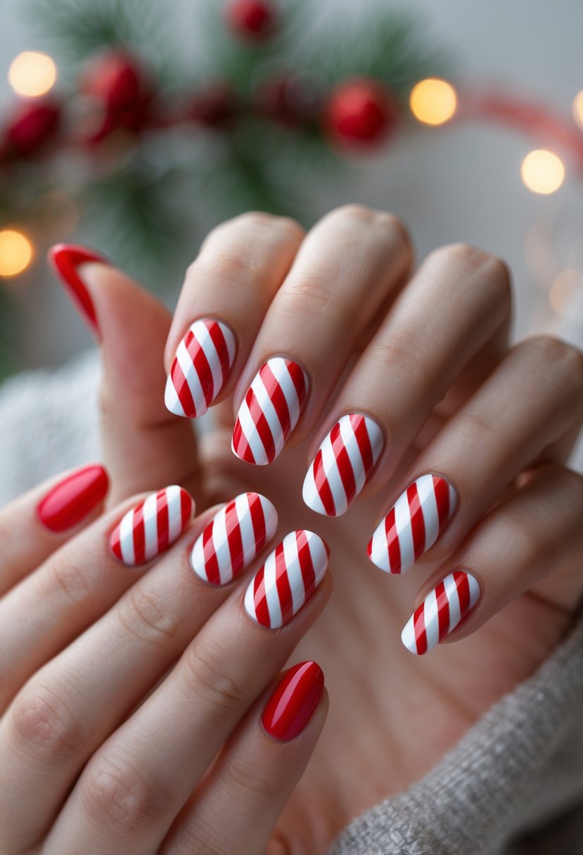 Close-up of hands with red and white striped nails resembling candy canes, posed against a soft background with subtle holiday decorations.