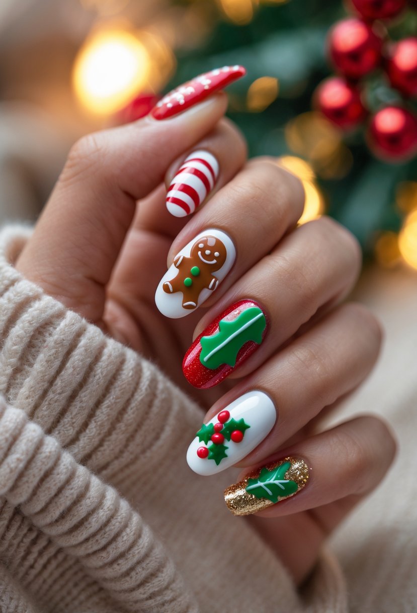 Close-up of a hand with Christmas-themed nails featuring gingerbread man designs and festive red, green, and gold patterns.