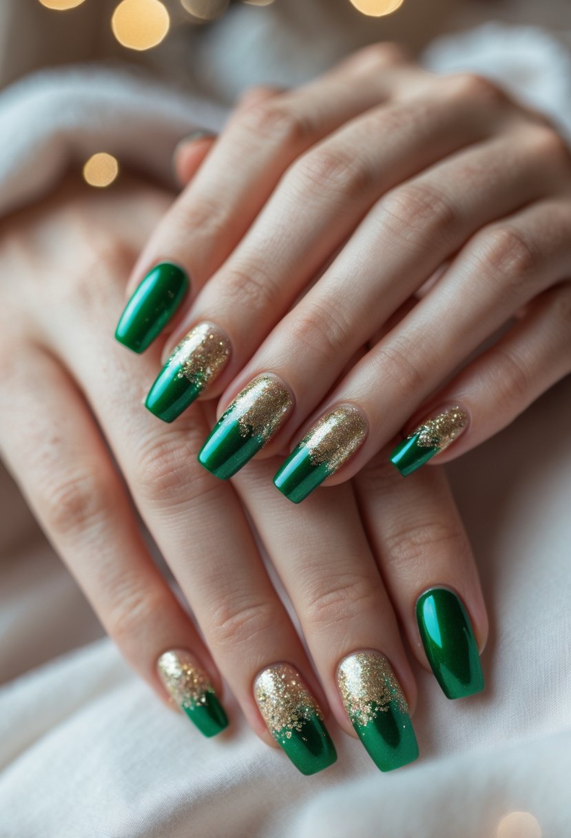 Close-up of hands with gold glitter nails and green tips.