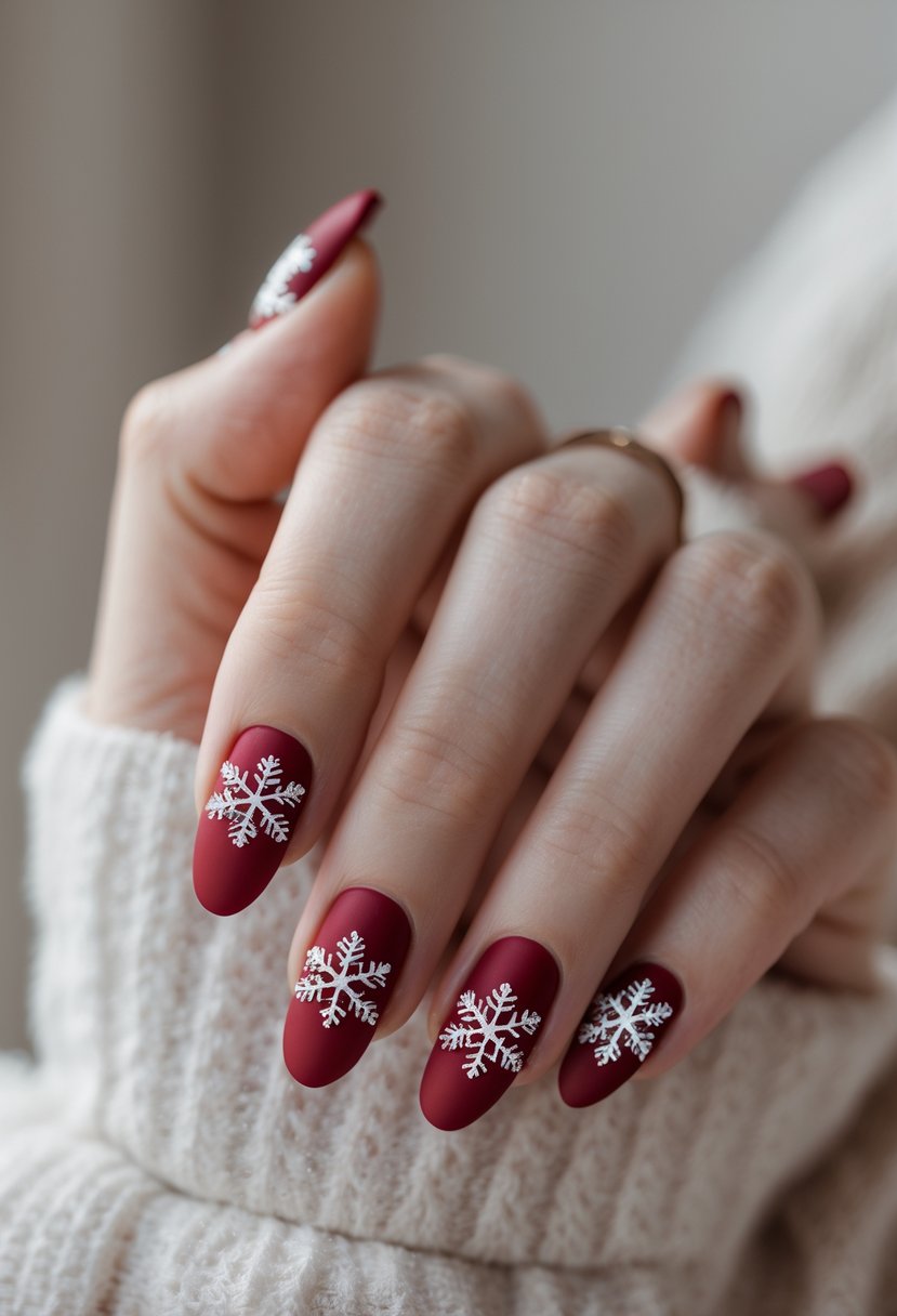 Close-up of hands with matte red nails decorated with shiny snowflake designs.