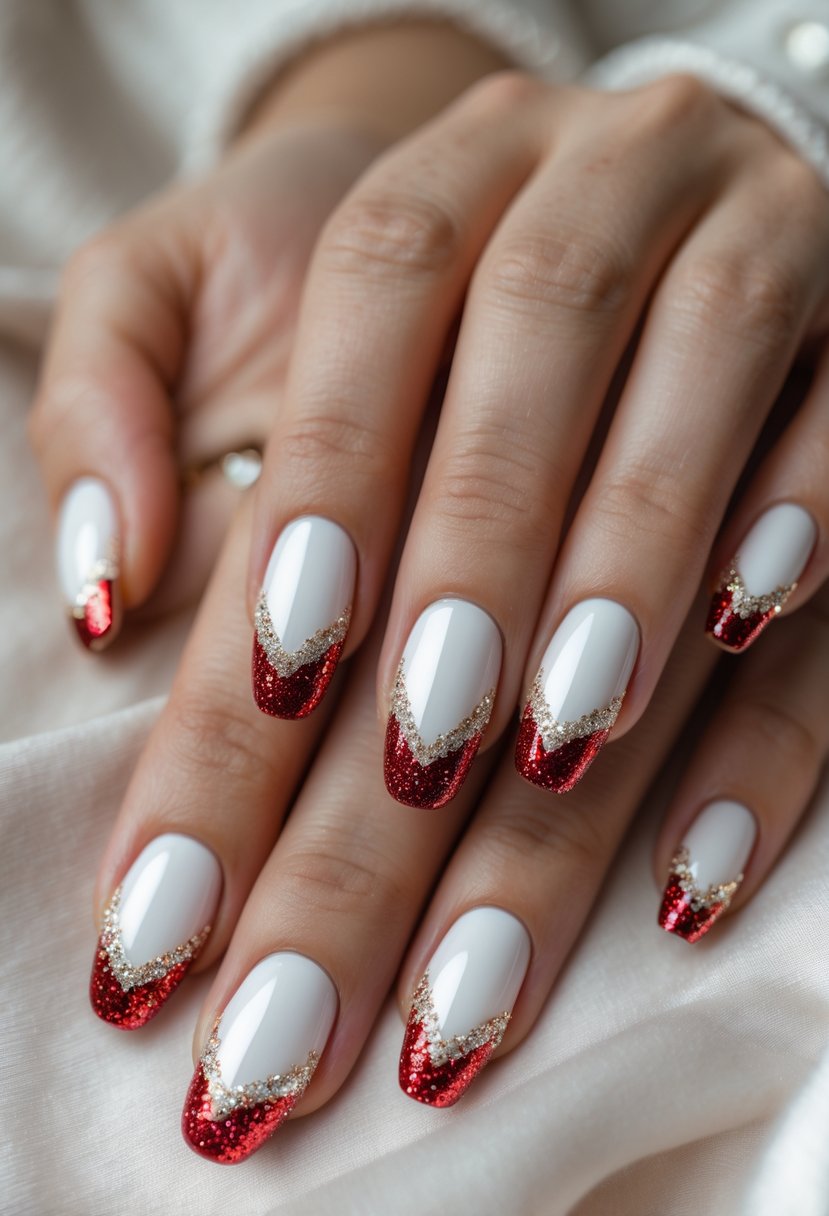 Close-up of hands with white nails outlined in red glitter, showing a festive Christmas manicure.