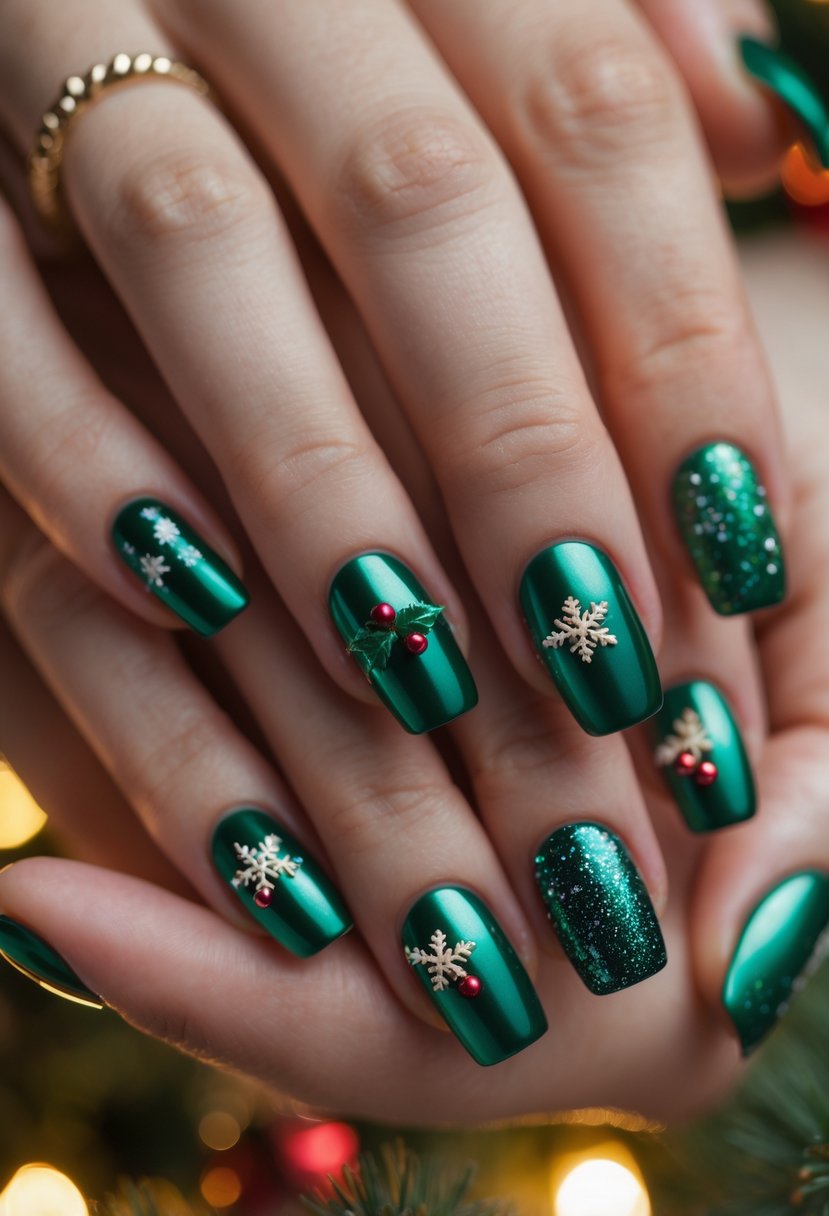 Close-up of hands with metallic green nails decorated with tiny Christmas ornaments.