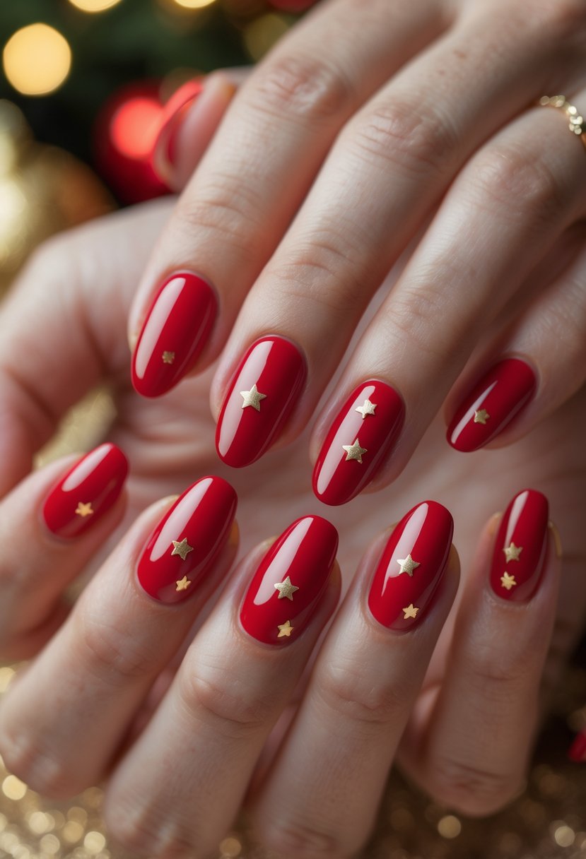Close-up of hands with glossy red nails decorated with small gold stars.