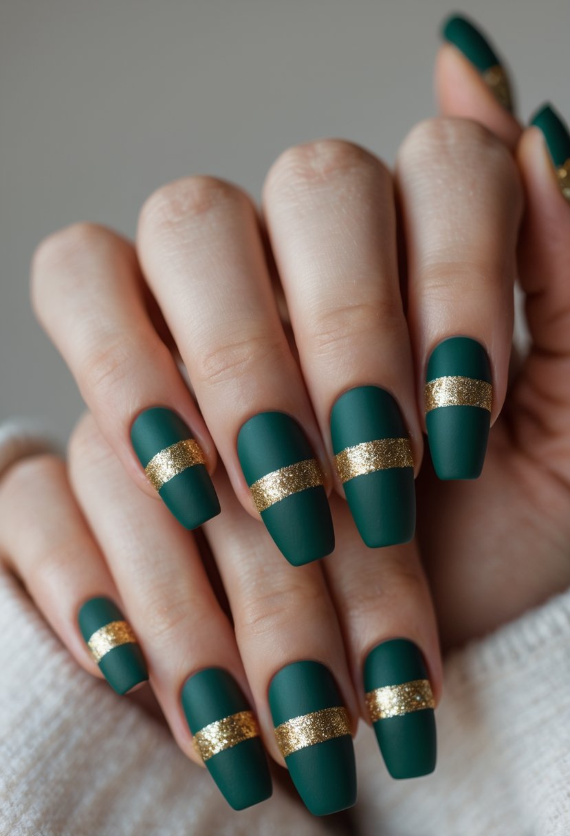 Close-up of hands with matte green nails decorated with glittery gold stripes.