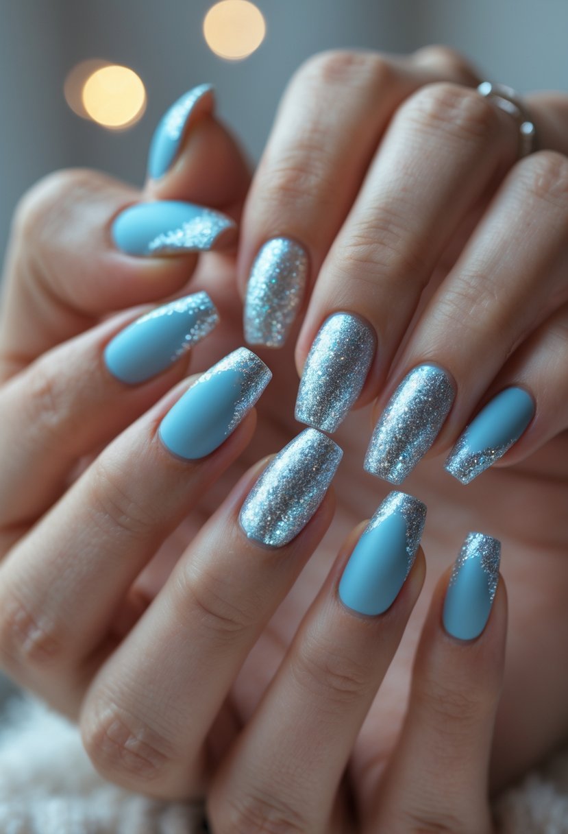 Close-up of hands with frosted blue nails and silver glitter tips.