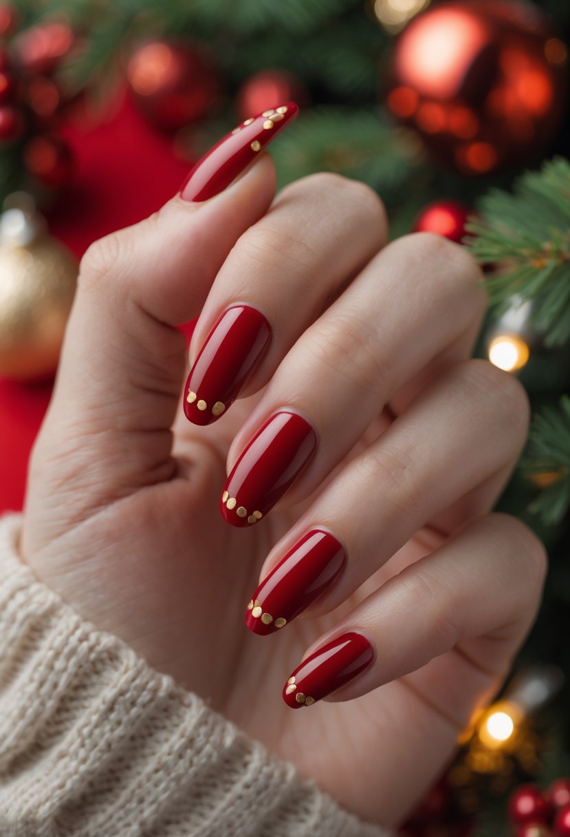 Close-up of hands with red French tip nails decorated with small gold dots, posed against a soft festive background with holiday decorations.