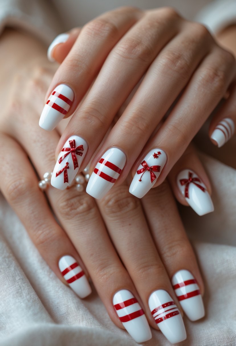 Close-up of hands with white nails decorated with candy cane stripes and red bows.