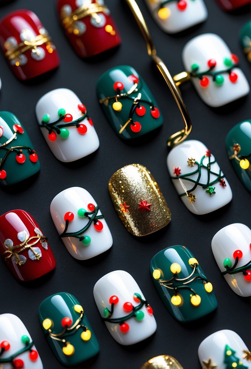 Twenty fingernails with Christmas-themed string art designs featuring colorful lights displayed on a black surface.