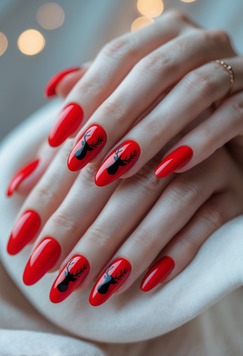 Close-up of hands with glossy red nails featuring black reindeer silhouettes.