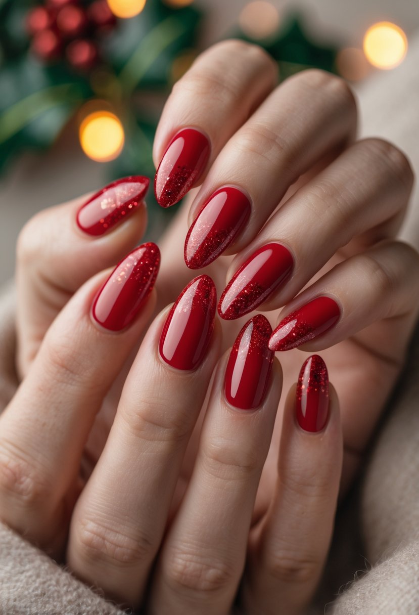 Close-up of hands with red nails featuring red glitter ombre tips against a soft festive background.