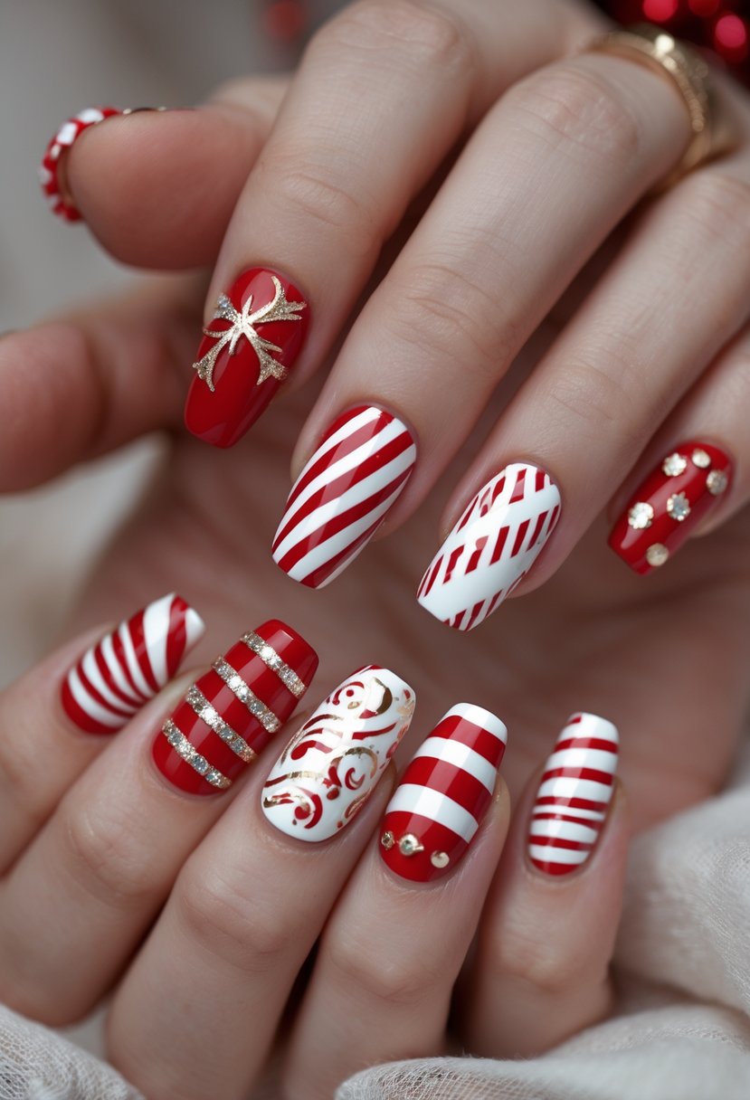 Close-up of hands with red and white candy cane striped Christmas nail designs.