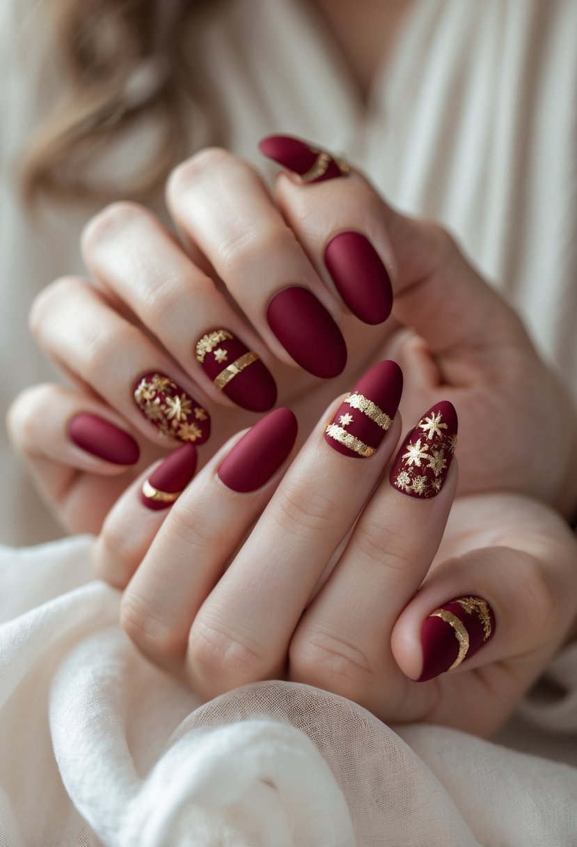 Close-up of hands with red matte nails decorated with gold accents in festive patterns.