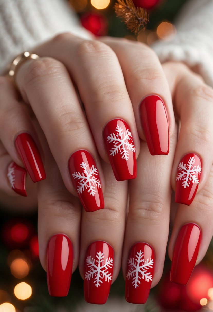 Close-up of hands with red nails decorated with white snowflake designs.