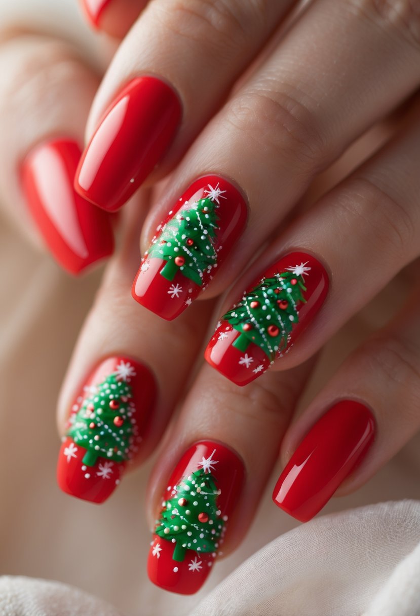 Close-up of a hand with red nails featuring green Christmas tree designs.