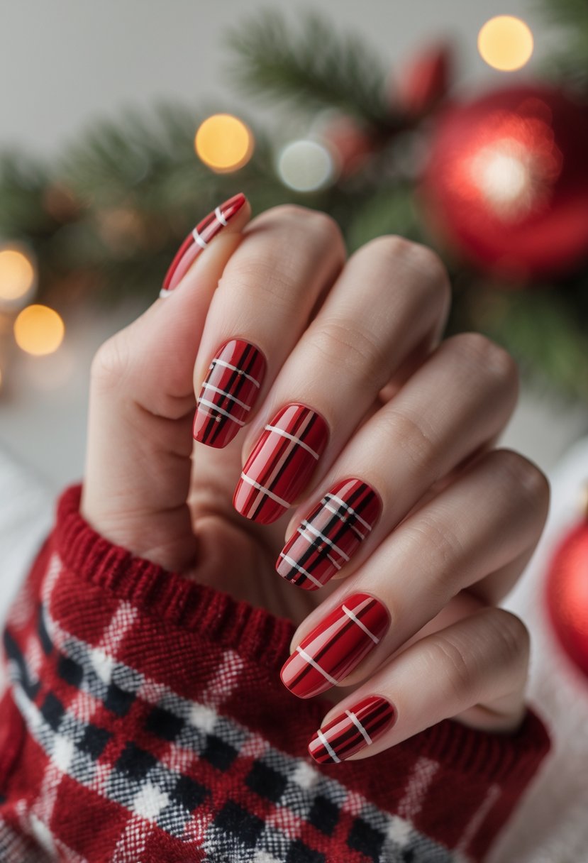 Close-up of hands with red plaid patterned Christmas nails against a soft festive background.