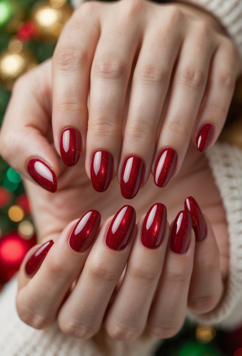 Close-up of hands with glossy red cat eye gel nails arranged in a festive setting.