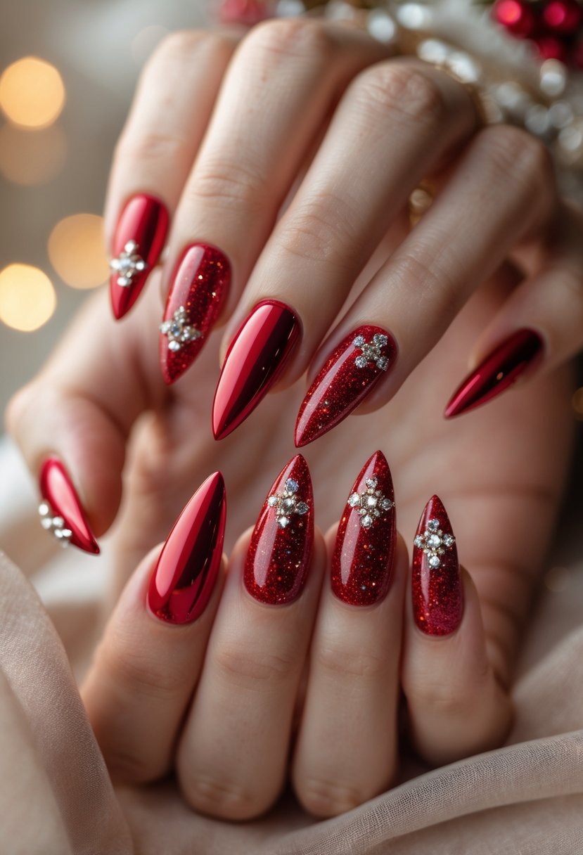 Close-up of hands with red stiletto-shaped nails decorated with rhinestones.