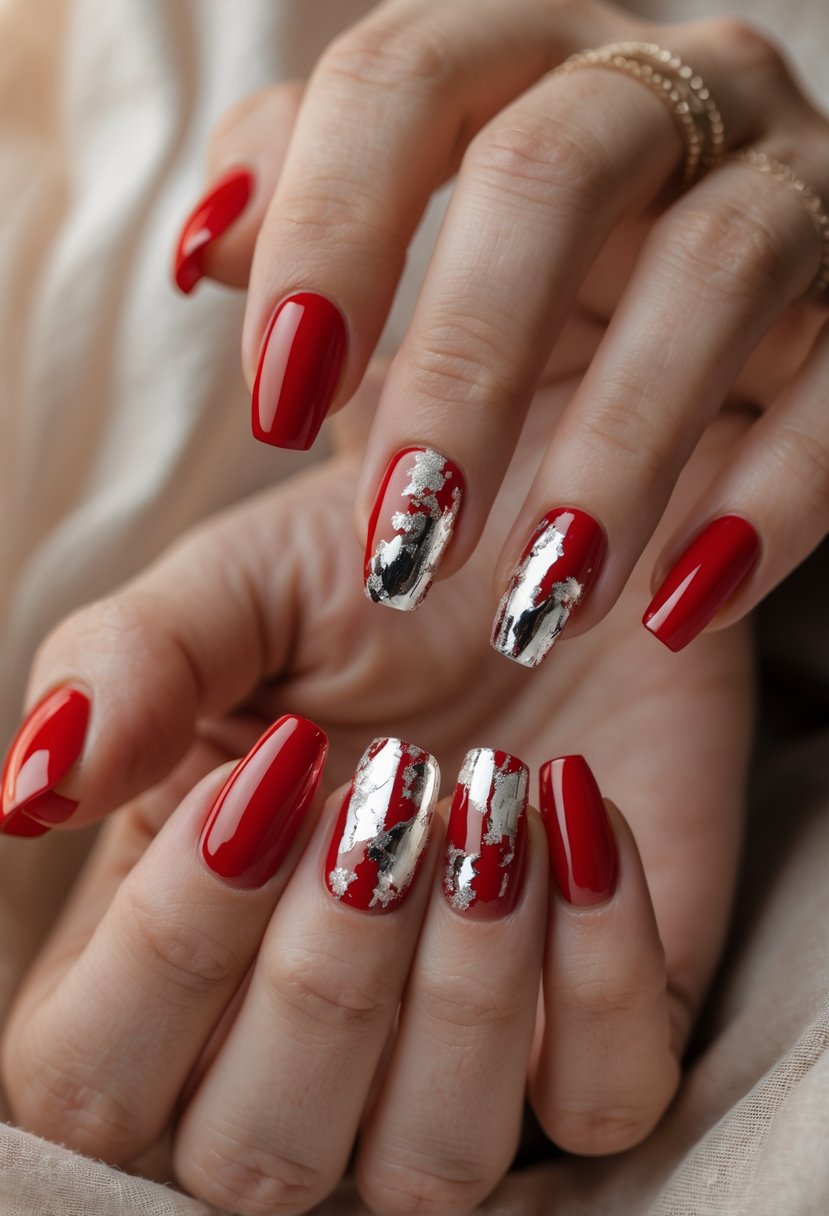 Close-up of hands with red acrylic nails decorated with silver foil accents.