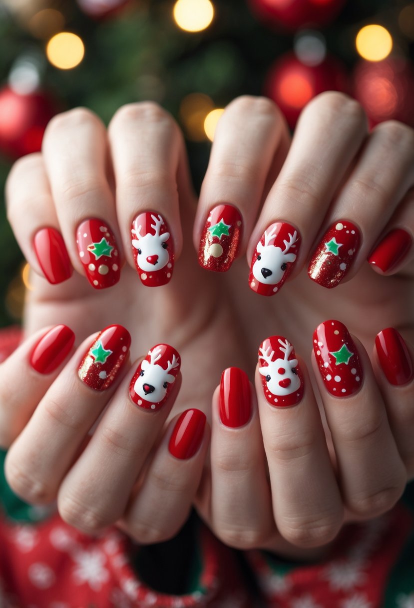 Close-up of hands with red Christmas-themed nails featuring cute reindeer designs.