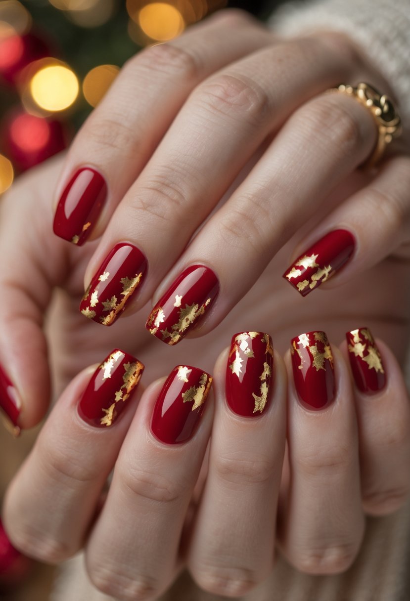 Close-up of hands with red nails decorated with gold foil flakes.