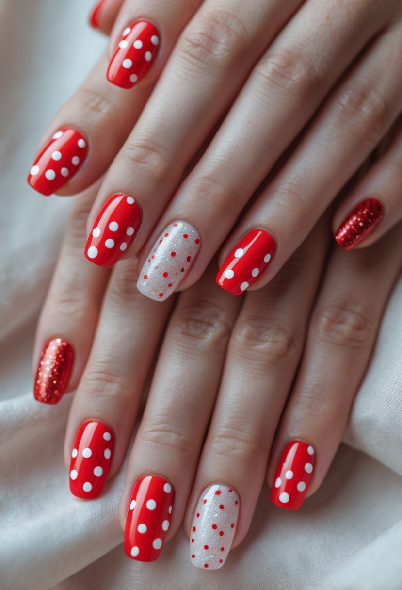 Close-up of hands with red nails decorated with white polka dots and subtle sparkle.