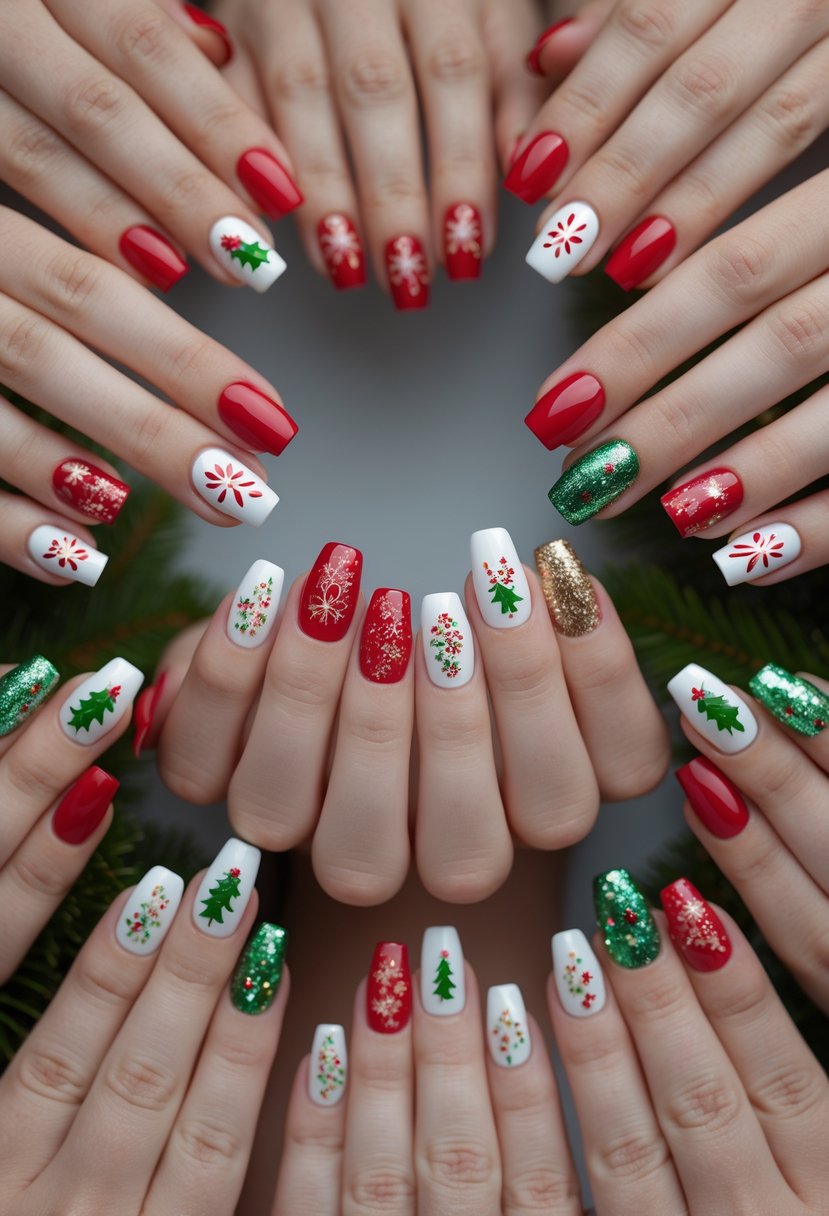 Eighteen hands showing short nails decorated with Christmas-themed designs like snowflakes, candy canes, and stars.