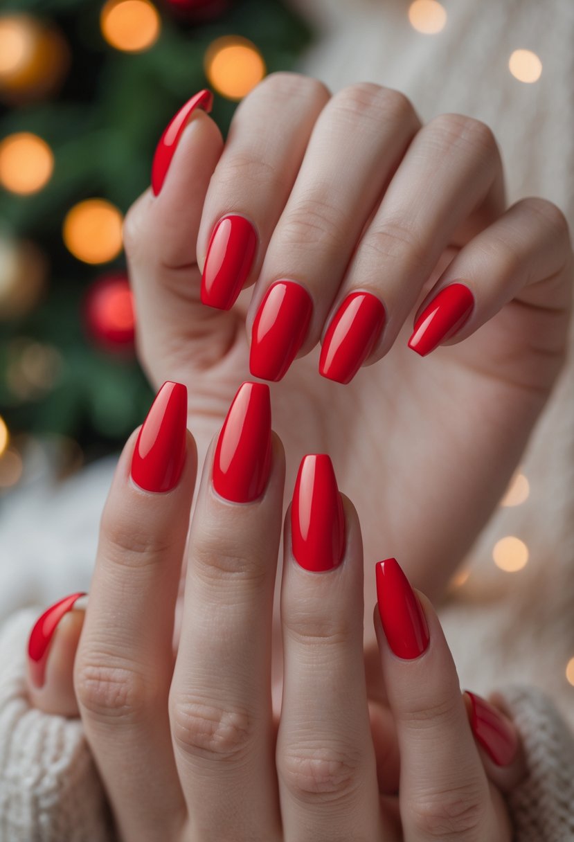 Close-up of hands with short red coffin-shaped nails against a softly blurred festive background.