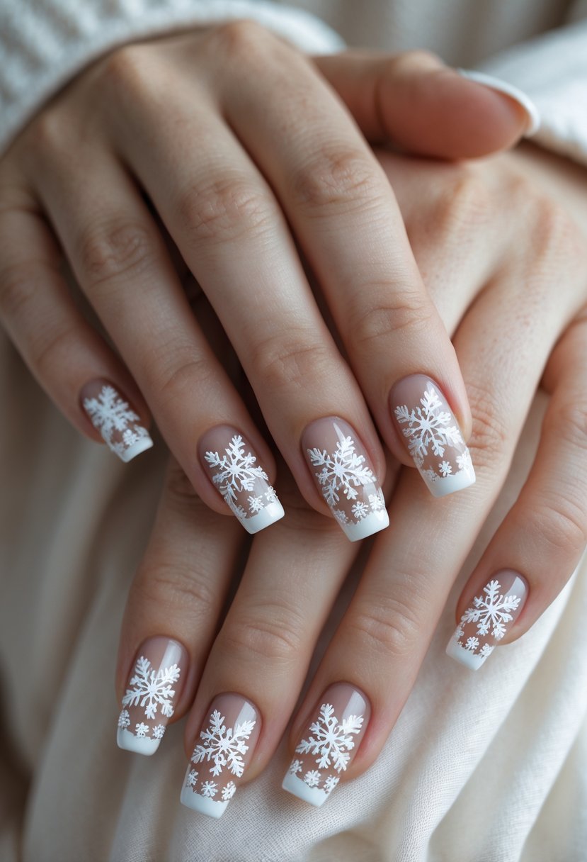 Close-up of hands with short nails featuring white snowflake designs on the tips.