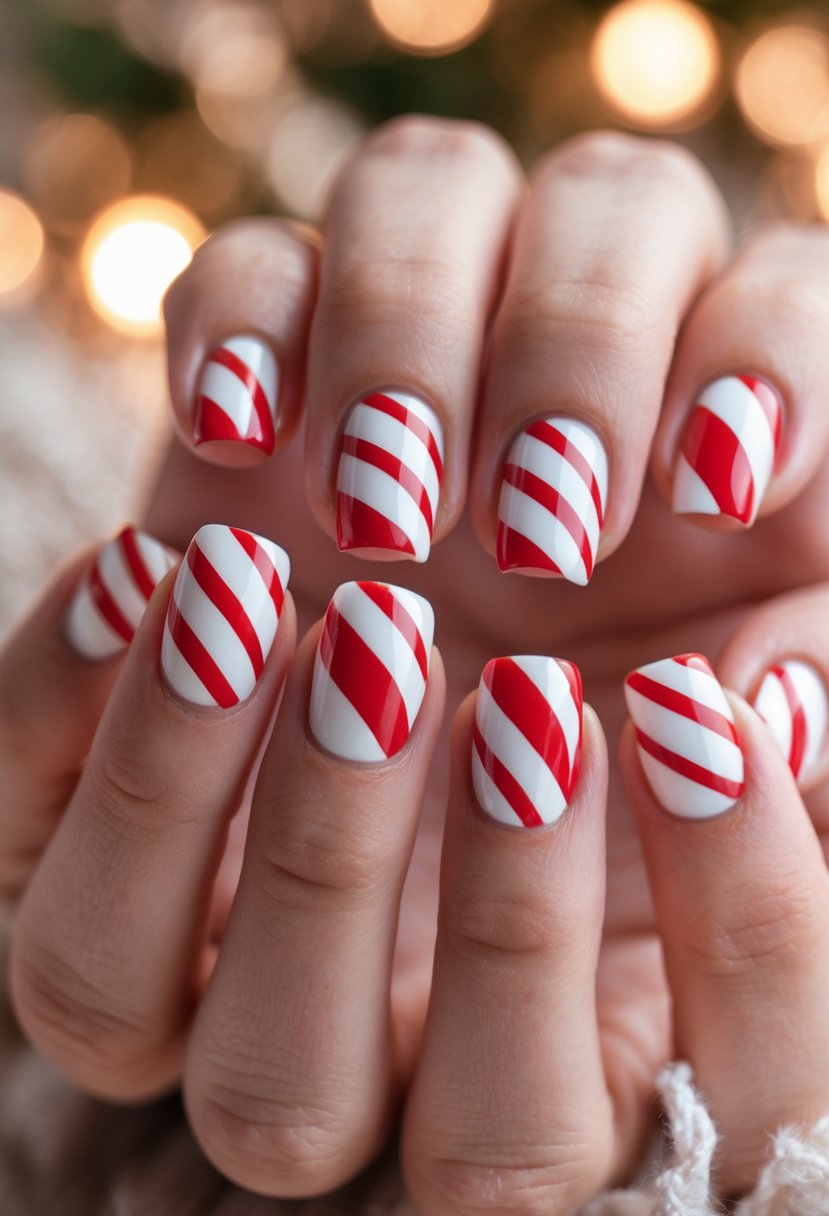 Close-up of hands with short square fingernails painted with red and white candy cane stripes.