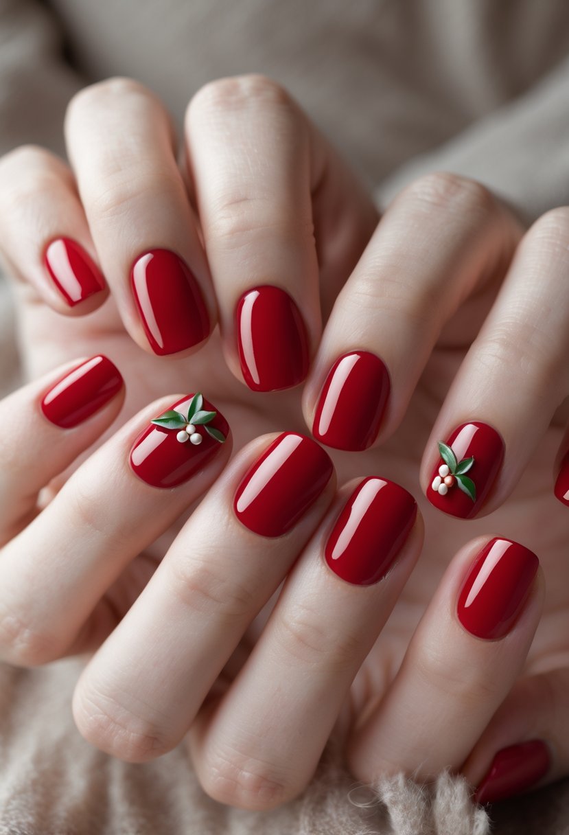 Close-up of hands with short red nails featuring small mistletoe designs on a neutral background.