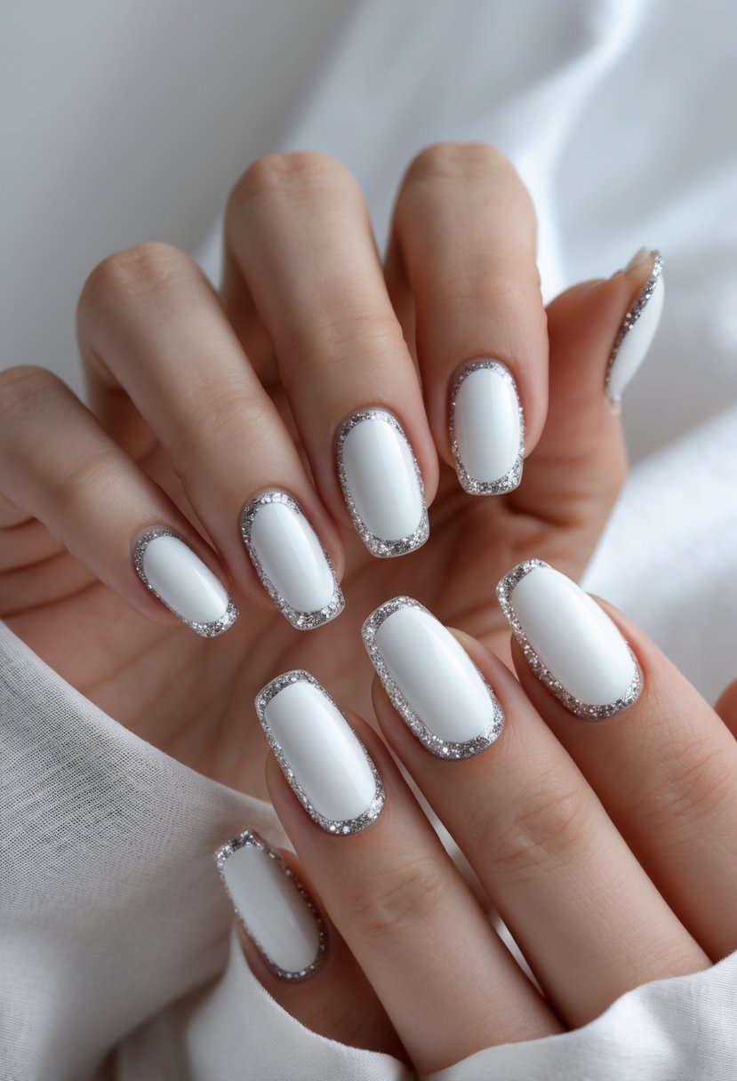 Close-up of hands with short white nails outlined in silver glitter on a plain background.