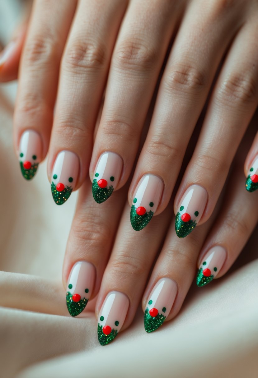 Close-up of hands with short almond-shaped nails decorated with red and green dots.
