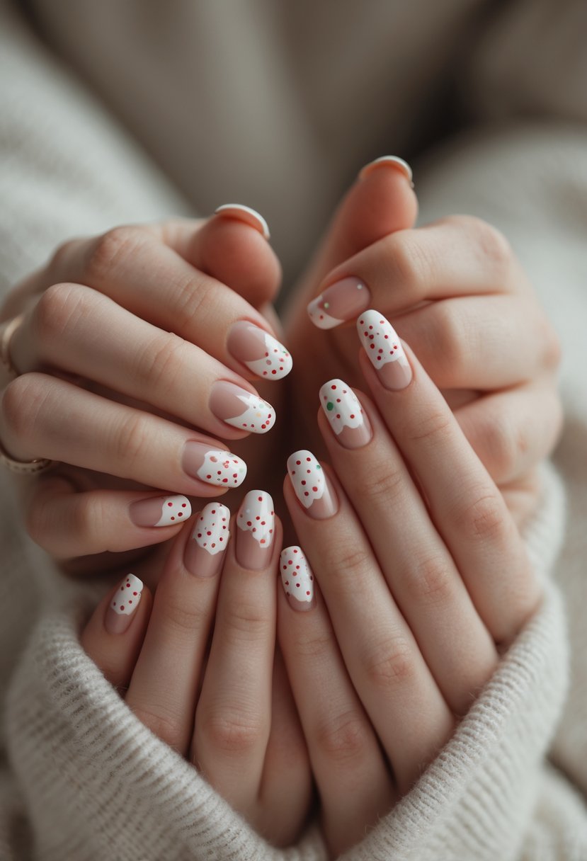 Close-up of hands with short nails painted in red with white polka dots.