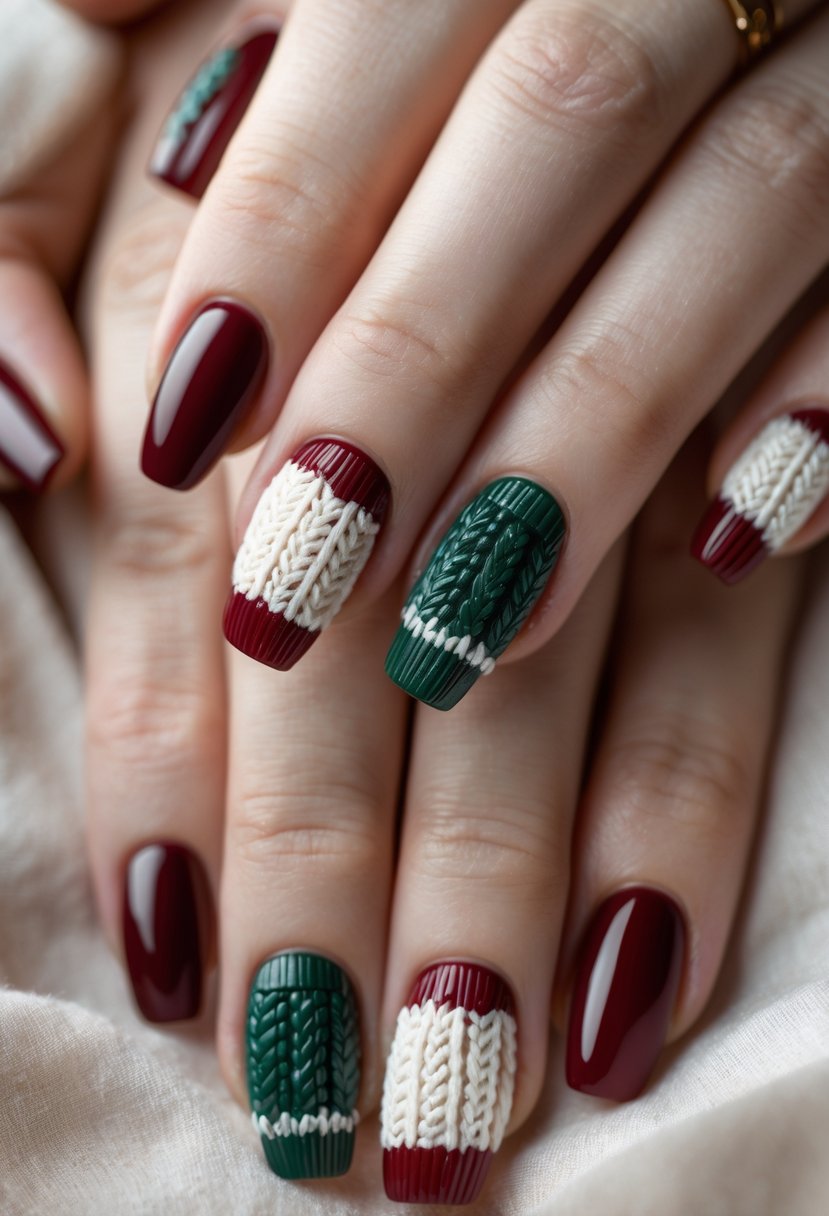 Close-up of hands with short coffin-shaped nails featuring a Christmas-themed knitted sweater design.